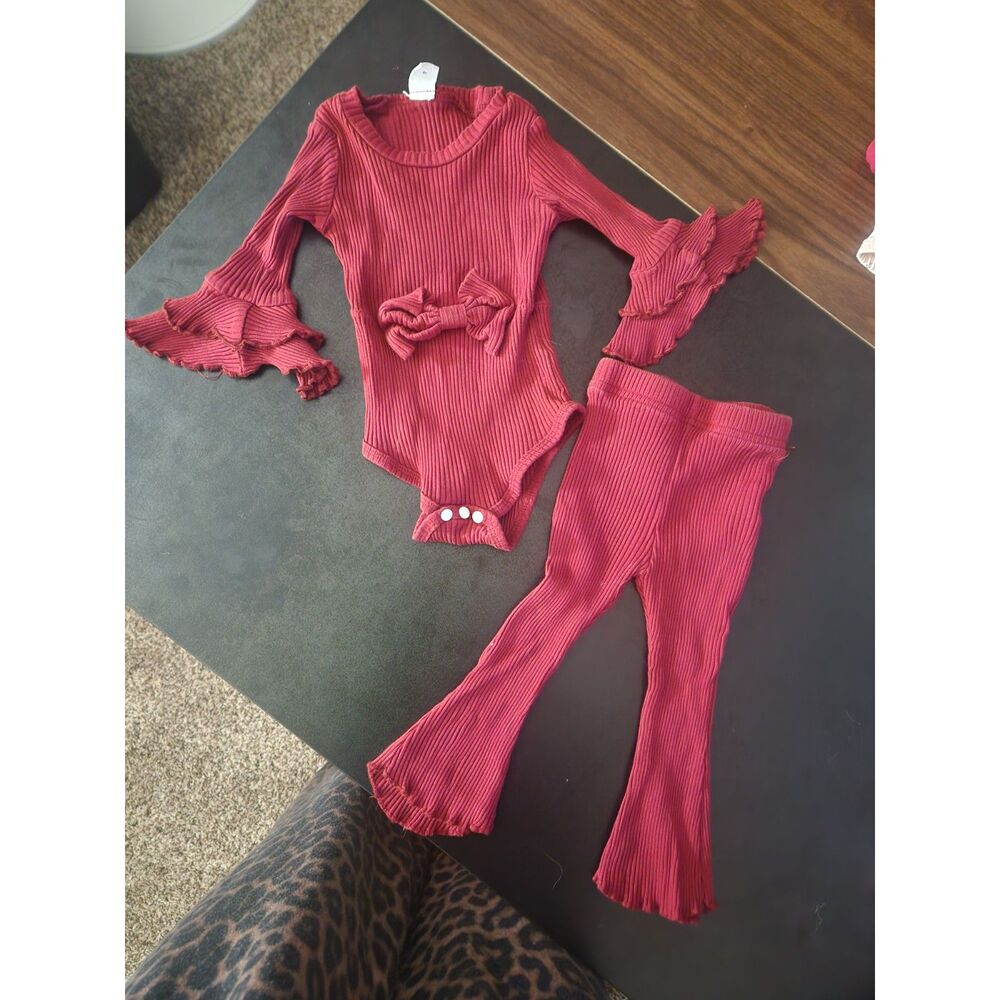 SHEIN Baby Girl 6-9M Red Ribbed Ruffle Bodysuit Flare Pants 2 Piece Set